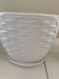CER1303-4 Glazed Ceramic Pot (Wave Pattern) with Saucer - White - 3 Sizes