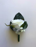 Corsage & Buttonhole - Black & White Roses with Silver Ribbons- CB0022 - $56/set