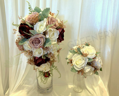 Silk Floral Teardrop Bouquet - Burgundy & White - Adrianna J | ARTISTIC GREENERY