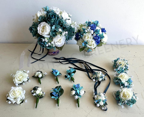 Silk Round Bouquet - Blue / Teal & White - Amy H | ARTISTIC GREENERY Perth Silk Flowers Florist