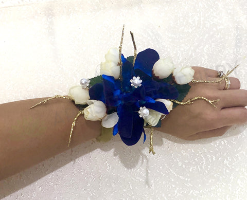 Corsage - Blue Orchid with Gold Twigs & Pearls- Ariana