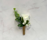With Pin - Buttonhole - Rustic Style White Rose with Gypso (Product Code: BH001)