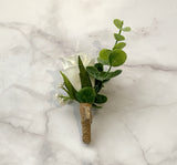 With Magnet - Buttonhole - Rustic Style White Rose with Gypso (Product Code: BH001)