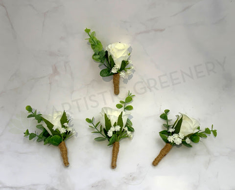 Buttonhole - White Rose with Gypso (Product Code: BH001)