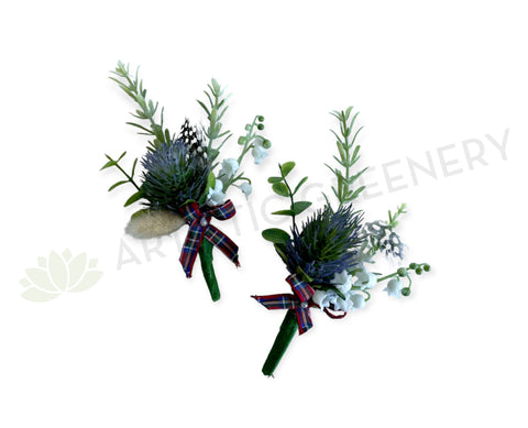 Buttonhole - Scottish Thistle & Guinea Fowl Feather Boutonniere (Product Code: BH006 Robyn) | ARTISTIC GREENERY