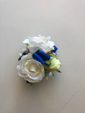 Corsage & Buttonhole - White Roses with Blue Ribbons - CB0013 - $56/set