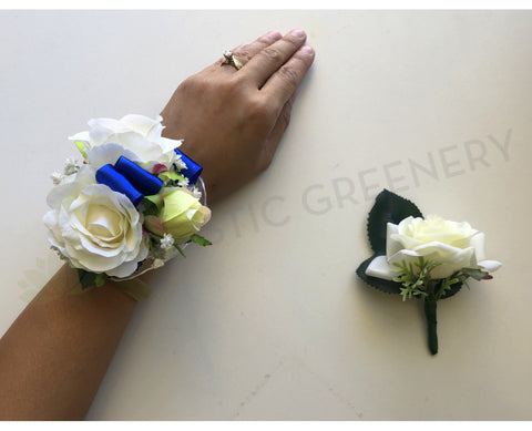 Corsage & Buttonhole - White Roses with Blue Ribbons - CB0013 - $56/set