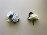 Corsage & Buttonhole - White Roses with Blue Ribbons - CB0013 - $56/set