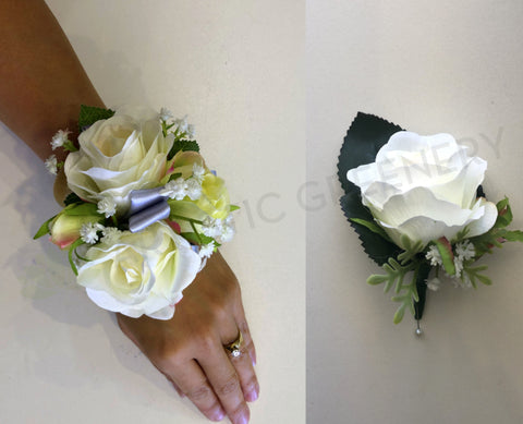 Corsage & Buttonhole - White Roses with Silver Ribbons - CB0014 - $56/set
