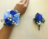 Corsage & Buttonhole - Blue Roses & Silver Ribbon - CB0020 - $56/set