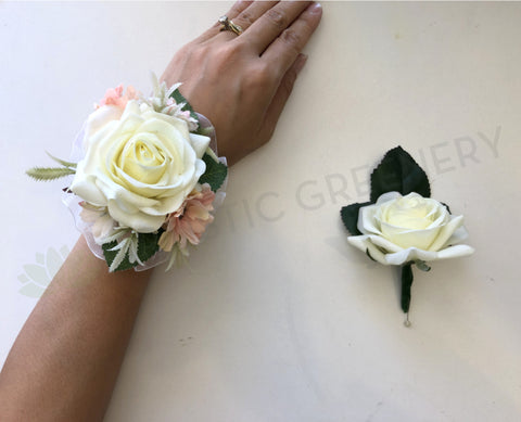 Corsage & Buttonhole - White Rose with Pink Flowers - CB0021 - $56/set
