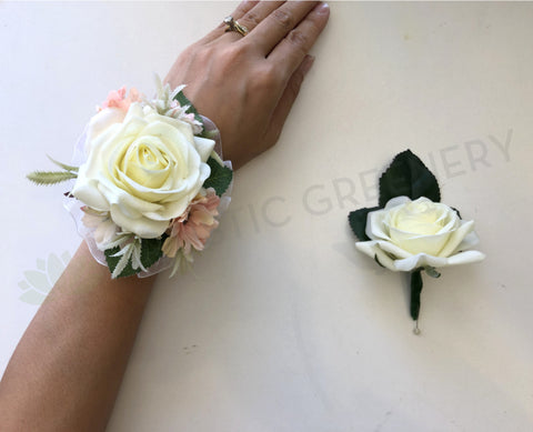 Corsage & Buttonhole - White Rose with Pink Flowers - CB0021 - $53/set