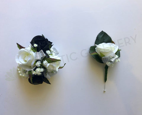 Corsage & Buttonhole - Black & White Roses with Silver Ribbons- CB0022 - $50/set