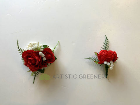 CB0026ROSE Artificial Red Roses with Gypso Corsage & Boutonniere - $53/set | ARTISTIC GREENERY
