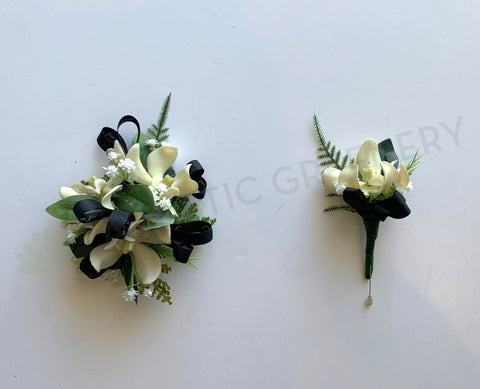 CB0030 - Corsage & Buttonhole - White Orchid with Black Ribbons - $56/set | Perth Australia Custom-made Cheap buttonholes ARTISTIC GREENERY