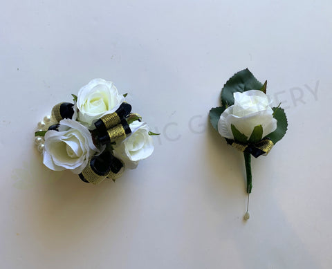 Corsage & Buttonhole - White Roses with Black & Gold Ribbons - CB0032 - $56/set