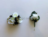 Corsage & Buttonhole - White Roses with Black & Gold Ribbons - CB0032 - $53/set