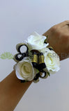 Corsage & Buttonhole - White Roses with Black & Gold Ribbons - CB0032 - $56/set