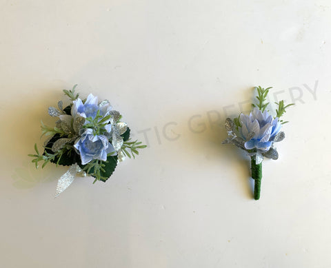 Corsage & Buttonhole - Blue Blushing Bride with Silver Fillers - CB0033 - $58/set