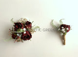 Corsage & Buttonhole - Burgundy Roses with Berries & Ferns - CB0034 (Kelsi) - $53/set | ARTISTIC GREENERY