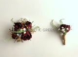 Corsage & Buttonhole - Burgundy Roses with Berries & Ferns - CB0034 (Kelsi) - $53/set | ARTISTIC GREENERY