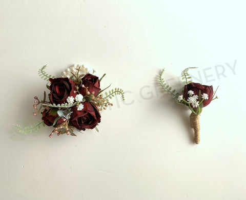 Corsage & Buttonhole - Burgundy Roses with Berries & Ferns - CB0034 (Kelsi) - $53/set | ARTISTIC GREENERY