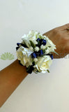 Corsage Only - Corsage & Buttonhole - White Roses with Navy Blue Ribbons - CB0035 - $56/set | ARTISTIC GREENERY
