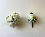 Corsage & Buttonhole - White Roses with Silver Ribbons - CB0035Silver - $56/set | ARTISTIC GREENERY Ball Perth Australia Custom-made Cheap buttonholes 