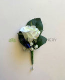 Buttonhole Only - Corsage & Buttonhole - White Roses with Navy Blue Ribbons - CB0035 - $56/set | ARTISTIC GREENERY