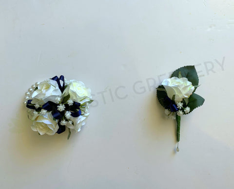 Corsage & Buttonhole - White Roses with Navy Blue Ribbons - CB0035 - $56/set | ARTISTIC GREENERY