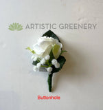 School Ball Buttonhole - Corsage & Buttonhole - White Roses with Silver Ribbons - CB0035Silver - $56/set | ARTISTIC GREENERY Ball Perth Australia Custom-made Cheap buttonholes 