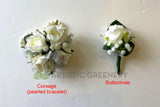 School Ball Silk Flower Set - Corsage & Buttonhole - White Roses with Silver Ribbons - CB0035Silver - $56/set | ARTISTIC GREENERY Ball Perth Australia Custom-made Cheap buttonholes 