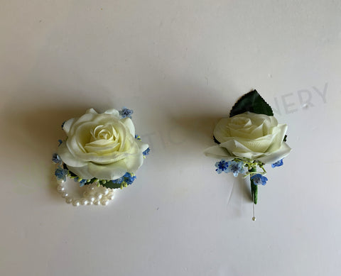 Corsage & Buttonhole - White Roses with Blue Baby's Breath - CB0036BLUE - $50/set | ARTISTIC GREENERY Ball Perth Australia Custom-made Cheap buttonholes 