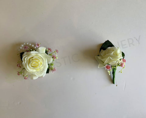 Corsage & Buttonhole - White Rose with Pink Baby's Breath - CB0036Pink - $50/set