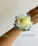 Corsage & Buttonhole - White Roses with Blue Baby's Breath - CB0036BLUE - $50/set | ARTISTIC GREENERY Ball Perth Australia Custom-made Cheap buttonholes 