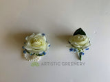 Corsage & Buttonhole - White Roses with Blue Baby's Breath - CB0036BLUE - $50/set | ARTISTIC GREENERY Ball Perth Australia Custom-made Cheap buttonholes 