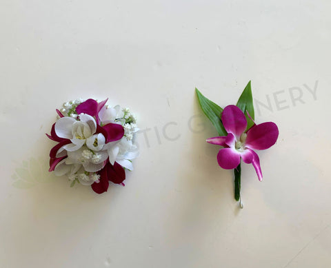 Artificial Flower Corsage & Buttonhole - Singapore Orchid - $53/set CB0038 | ARTISTIC GREENERY School Ball Perth Australia Custom-made Cheap buttonholes 