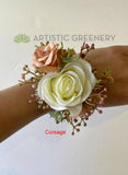 CB0043 Corsage & Buttonhole (Artificial Flowers) - Rose Gold Colour with White Rose - $53/set | ARTISTIC GREENERY
