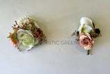 CB0043 Corsage & Buttonhole (Artificial Flowers) - Rose Gold Colour with White Rose - $53/set | ARTISTIC GREENERY