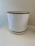 Large - CER-95092-1 White Glazed Ceramic Pot with Black Rim with Saucer - 3 Sizes