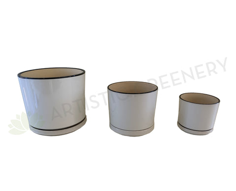 CER-95092-1 White Glazed Ceramic Pot with Black Rim with Saucer - 3 Sizes