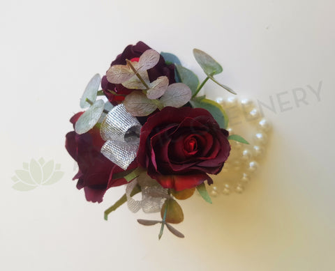 Corsage - Burgundy Silk Roses with Silver Ribbon $32 - COR001