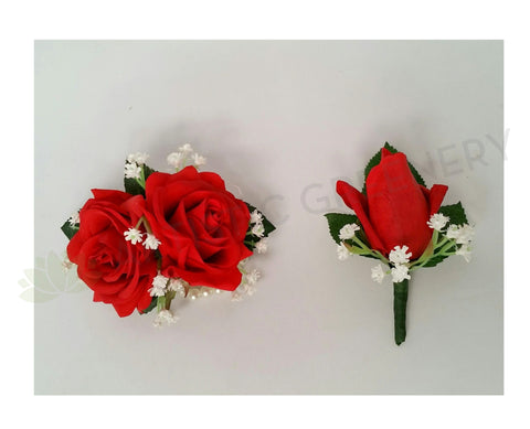 Corsage & Buttonhole - Red Roses with Gypso - Deborah $56 / set