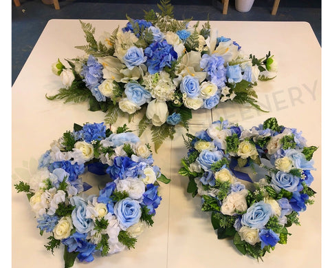 Memorial Silk Flowers - Blue & White - Oval / Round / Heart Shape - SYM0033