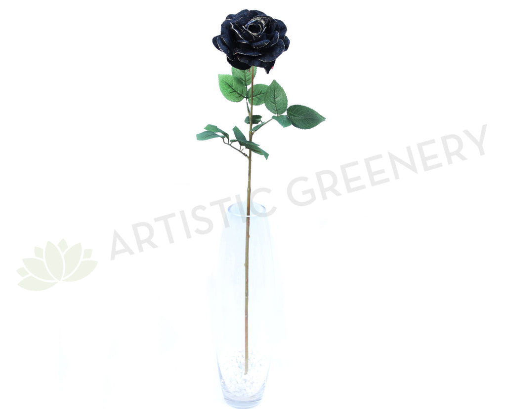 F0027 Fake Black Rose with Gold Glitter Single Stem 73cm glitter roses Artistic Greenery
