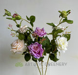 F0100 Silk Open Rose Spray 74cm Cream Purple White | ARTISTIC GREENERY