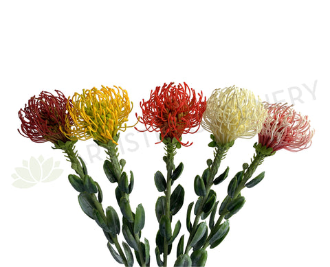 F0360 Artificial Pincushion Protea with Leaves / Leucospermum 61cm 5 Colours | ARTISTIC GREENERY