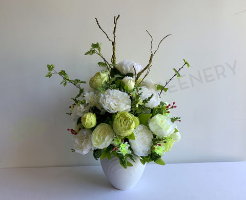 FA1107 - Light Green & White Silk Peony Roses Flower Arrangement 70cm tall | ARTISTIC GREENERY