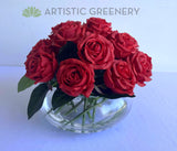 Round Style - FA1123 - Deluxe Red Roses Arrangement (Real Touch Quality) in Acrylic Water 2 Sizes | ARTISTIC GREENERY