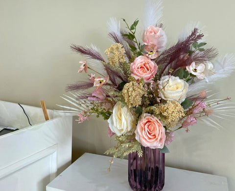 FA1125 - Pink & White Roses Flower Arrangement 60cm tall | ARTISTIC GREENERY